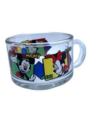 Vintage Disney Mickey and Minnie Mouse Glass Mug Soup 3" Diameter Microwave Safe